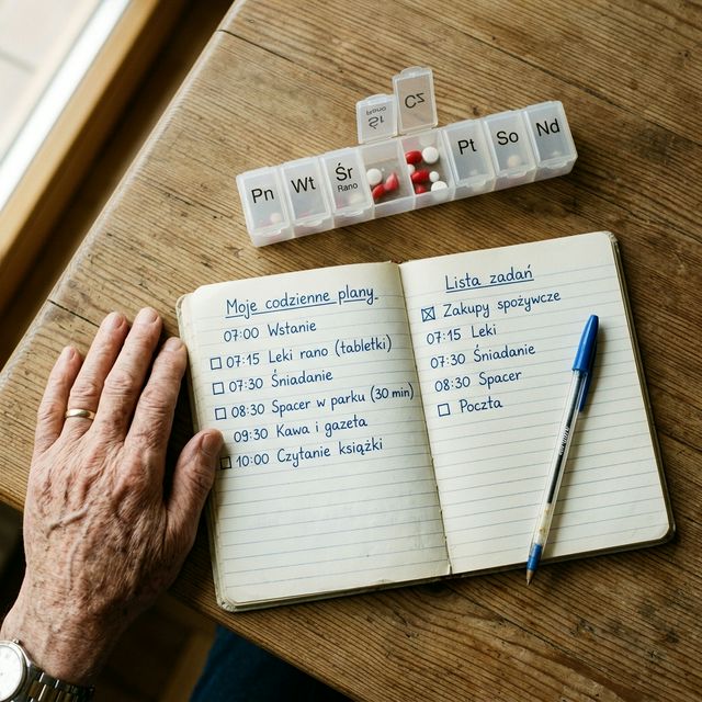 Widok z góry na zeszyt z planem dnia w języku polskim, dozownik leków i ręka seniora — codzienna rutyna przy opiece nad osobą z demencją