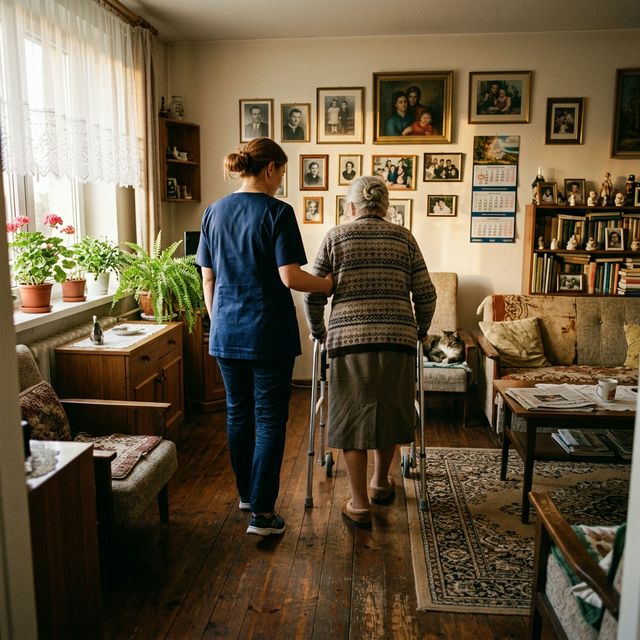 Opiekunka pomaga seniorce chodzić z chodzikiem w domowym salonie — ujęcie z tyłu, naturalne wnętrze z rodzinnymi zdjęciami na ścianie