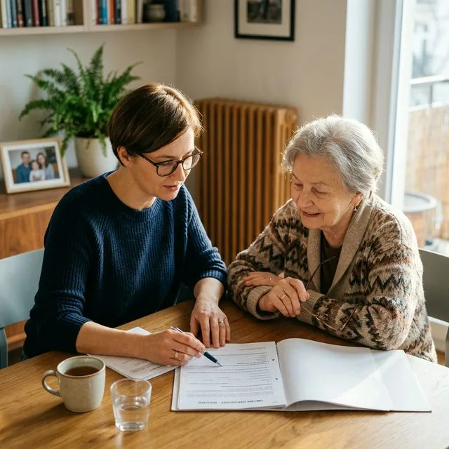 Rodzina planuje koszty opieki nad seniorem — córka przegląda dokumenty z mamą