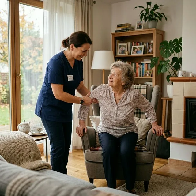 Profesjonalna opiekunka pomaga seniorce wstać z fotela — prywatna opieka domowa