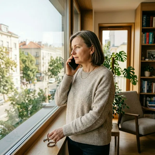 Kobieta rozmawiająca przez telefon — kontakt z agencją opieki jesiennie.pl