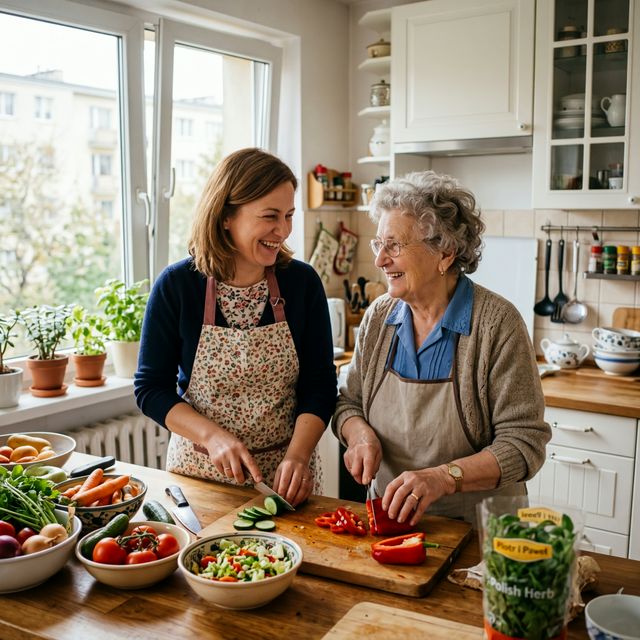 Opiekunka i seniorka razem przygotowują obiad w łódzkim domu — jesiennie.pl opieka Łódź