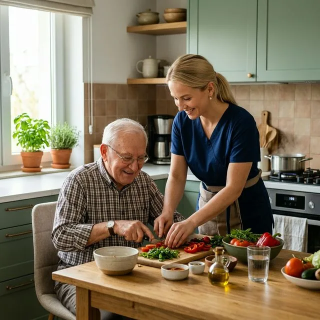 Opiekunka przygotowuje zdrowy posiłek z seniorem w kuchni — opieka domowa jesiennie.pl Poznań