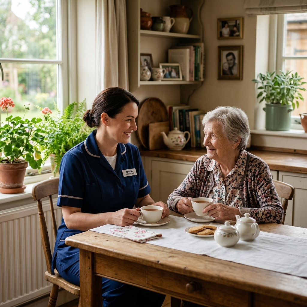 Opiekunka i seniorka przy herbacie — prywatna opieka domowa we Wrocławiu jesiennie.pl